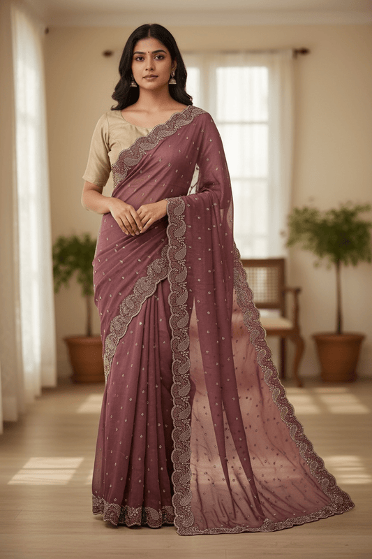 Dusty Pink - Rich Saree with Stone Work Border and Blouse Piece - UK stock - 24hr Dispatch - RS2532 TC - Prachy Creations