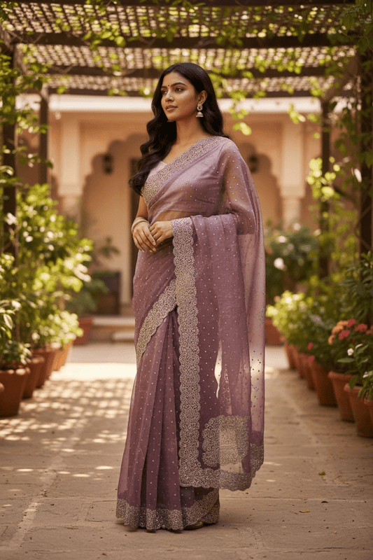 Dusty Pink - Rich Saree with Thread / Stone Embroidery and Blouse Piece - UK stock - 24hr Dispatch - RS2525 VJ - Prachy Creations