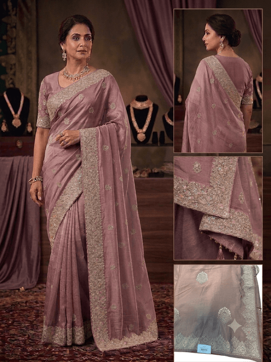 Dusty Pink - Saree with Thread / Stone Work and Blouse Piece - UK stock - 24hr Dispatch - SP2613 VY - Prachy Creations