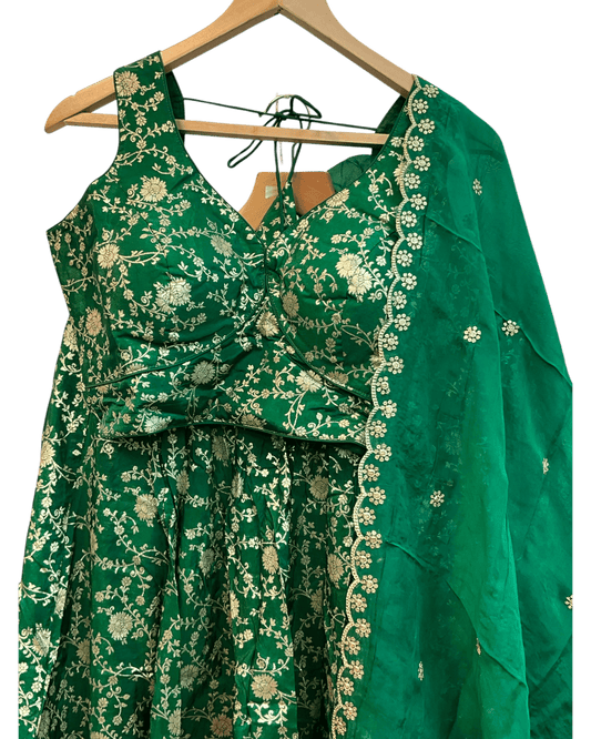 Forest Green - Banarasi Brocade Silky Lehenga Set - Mehndi / Sangeet / Bridesmaids / Weddings / Garba - Size UK 12 (38" Bust) Adjustable to Size 14 - UK Stock - 24h Dispatch - AF2601 02VP26 - Prachy Creations