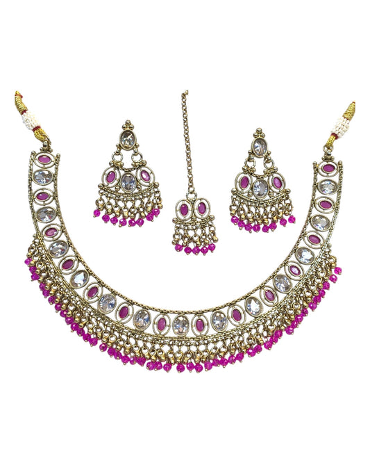 Fuchsia - Antique Gold Finish Necklace & Earrings Set - Bollywood - Weddings - DAJ547 11KV24 - Prachy Creations