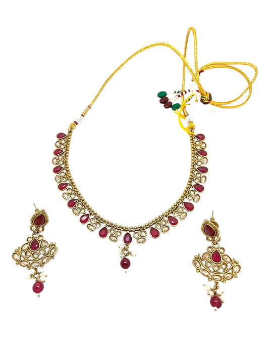 Fuchsia / Magenta / Dark Pink - Small Size Antique Gold Finish Necklace Set with Earrings - Bollywood - AE2518 08A25 - Prachy Creations