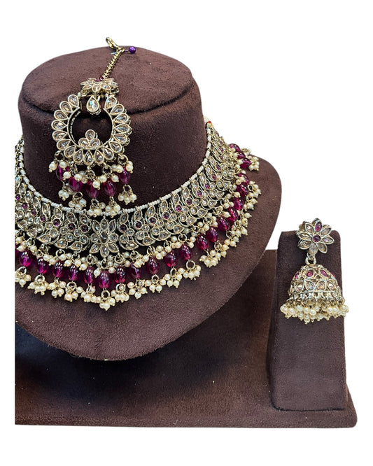Fuchsia / Magenta - Large Size Antique Gold Finish Necklace Set with Earrings & Tika Head piece - GGA07 KT 0525 - Prachy Creations