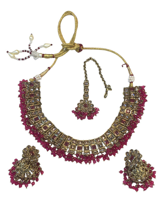 Fuchsia Magenta Pink - Medium Size Antique Gold Finish Necklace Set with Earrings - PRI1786 11H24 - Prachy Creations