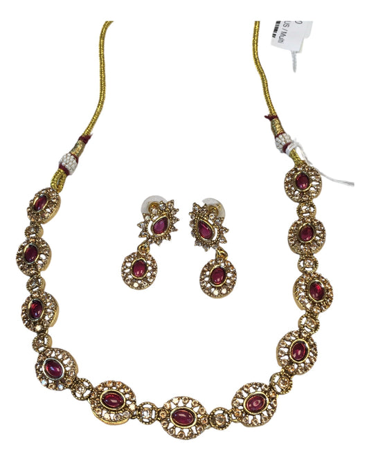 Fuchsia / Magenta Pink - Small Size Gold Finish Necklace Set with Earrings - SB1124 11A24 - Prachy Creations