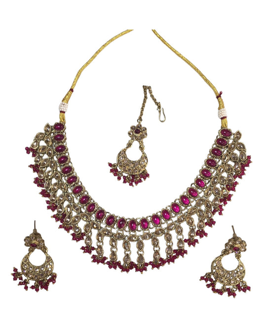 Fuchsia - Medium - Antique Gold Finish Necklace Set with Earrings - RAK185 Cp 0724 - Prachy Creations