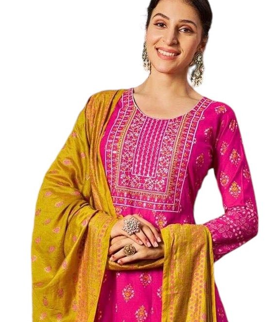 Fuchsia Pink - Cotton Block Printed Long Dress with Dupatta - Available in Sizes 14(40") & 20 (46") - BH1001 KK 0924 - Prachy Creations