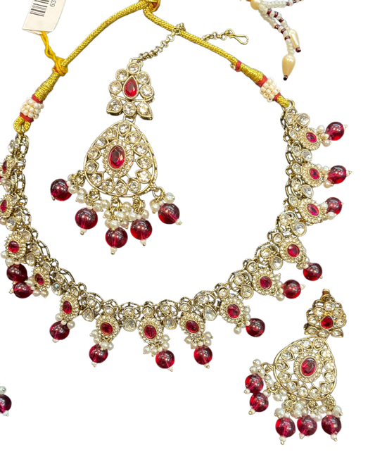 Fuchsia Pink - Large Size Antique Gold Finish Necklace Set with Earrings & Tika (Head Piece) - UK Stock - JIG86 08C25 - Prachy Creations