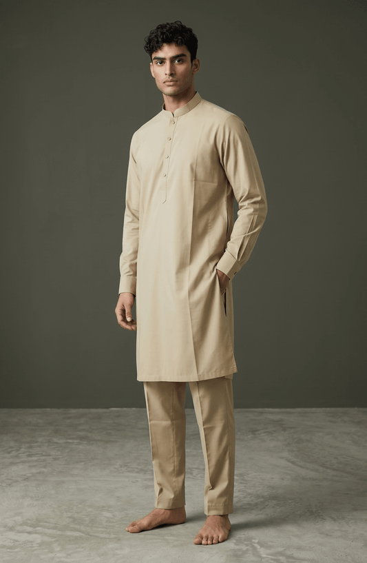 Gold / Beige - Plain Silky Mens Indian Kurta set with Trousers - UK Stock - Weddings / Walimas , Sangeet, Diwali, Eid, Mehndi / Henna - EM66 05KJ26 - Prachy Creations