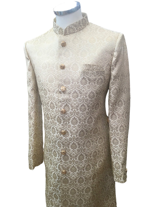 Gold - Classic Self Brocade Sherwani with Gold Buttons - BS786 JP 0823 - Prachy Creations
