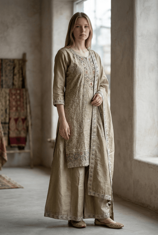 Gold - Ladies Medium Length Top Palazzo Trousers Suit - Size 12 (38") - KTC250149 TK - Prachy Creations