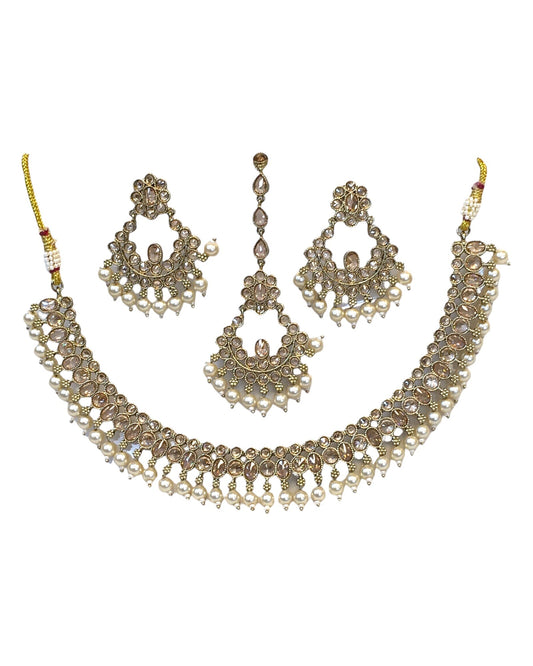 Gold / Neutral - Antique Gold Finish Necklace & Earrings Set - Bollywood - Weddings - KAJ1040 11KK24 - Prachy Creations