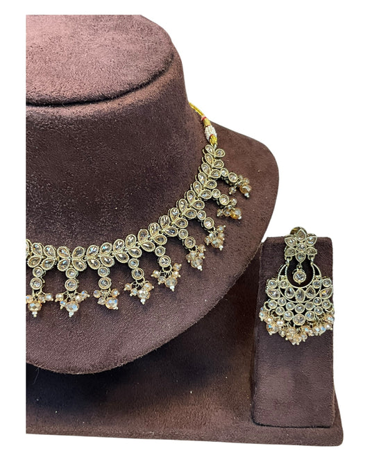 Gold / Neutral - Large Size Antique Gold Finish Necklace Set with Earrings - KAJ1015 KK 0525 - Prachy Creations
