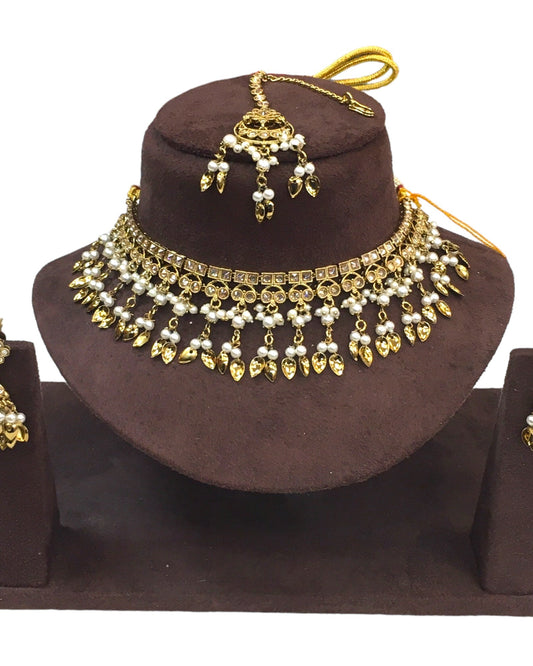 Gold / Neutral - Medium Size Antique Gold Finish Necklace Set with Earrings - HB1000 KY 0424 - Prachy Creations