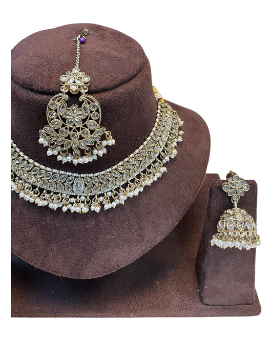 Gold / Neutral - Medium Size Antique Gold Finish Necklace Set with Earrings & Tika Head piece - GGA05 KV 052 - Prachy Creations