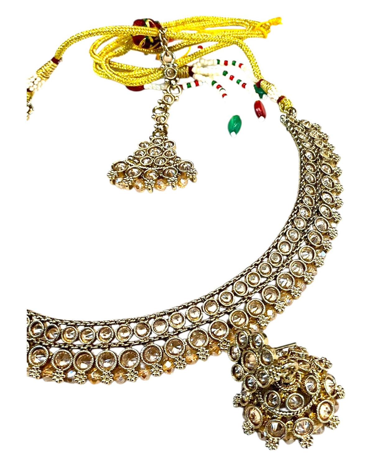Gold / Neutral - Medium Size Antique Gold Finish Necklace Set with Earrings & Tika Head piece - SAJ03 C 0825 - Prachy Creations