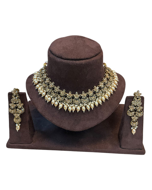 Gold / Neutral / Pearl - Large Size Antique Gold Finish Necklace Set with Earrings - JE33 A 0525 - Prachy Creations