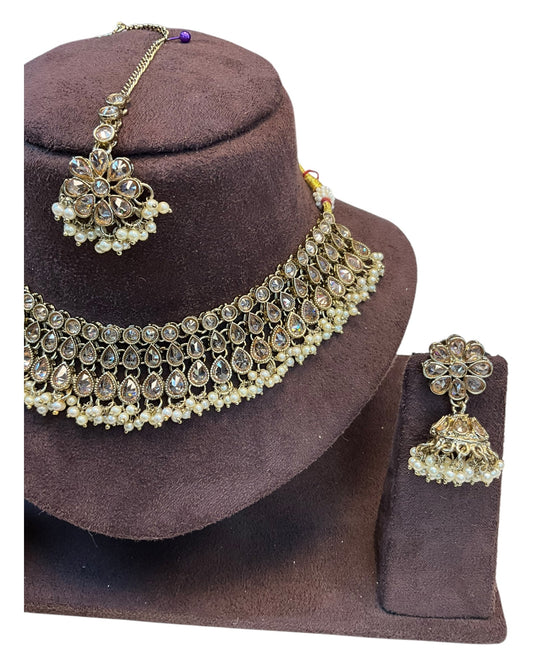Gold / Neutral / Pearl - Large Size Antique Gold Finish Necklace Set with Earrings & Tika Head piece - PRI1787 KY 0525 - Prachy Creations