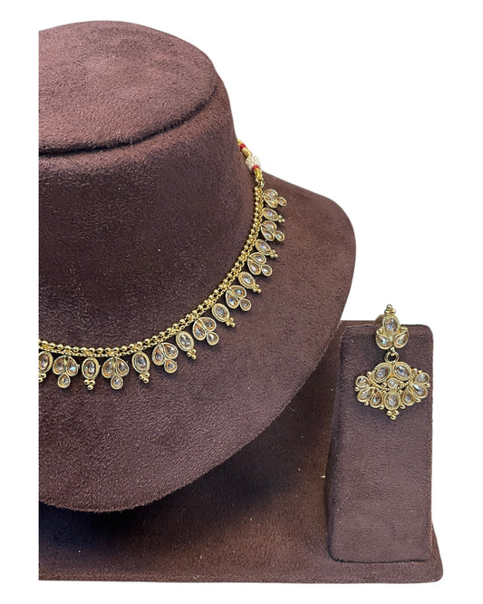 Gold / Neutral / Pearl - Small Size Antique Gold Finish Necklace Set - AE2503 R 0525 - Prachy Creations