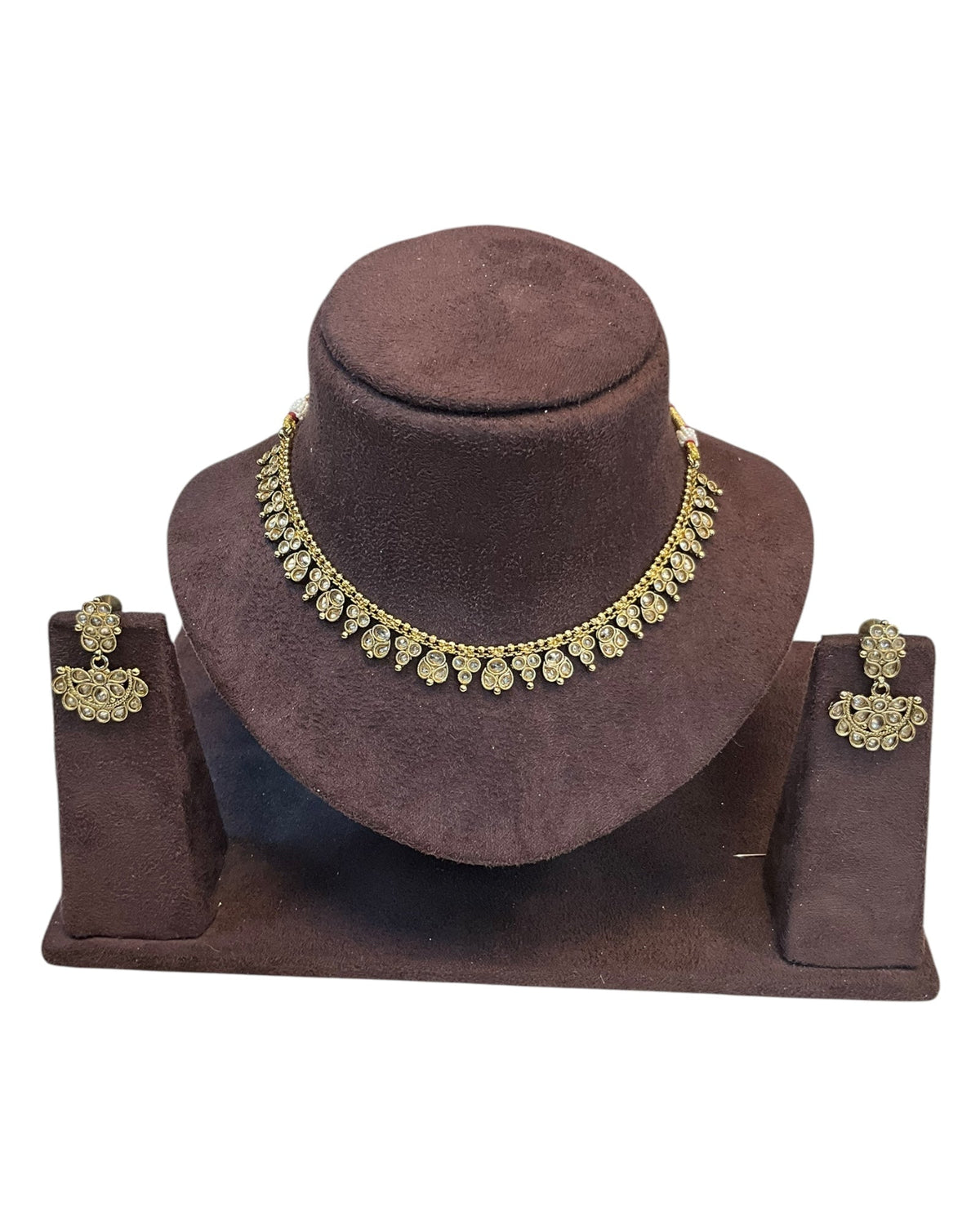 Gold / Neutral / Pearl - Small Size Antique Gold Finish Necklace Set - AE2504 R 0525 - Prachy Creations