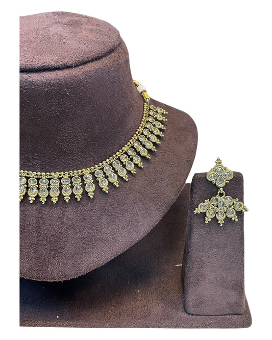 Gold / Neutral / Pearl - Small Size Antique Gold Finish Necklace Set with Earrings - AE2501 A 0525 - Prachy Creations