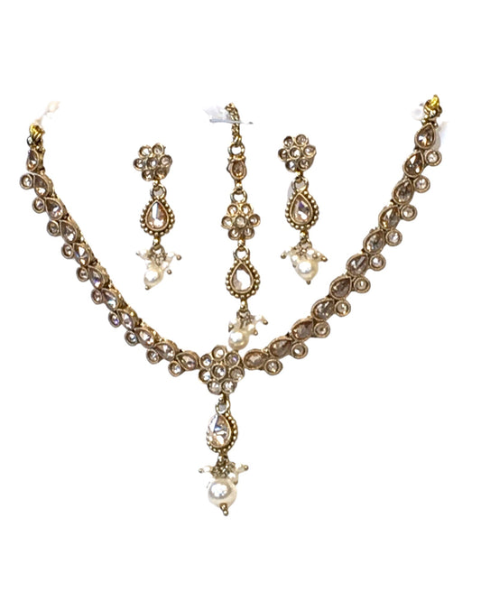 Gold / Neutral - Small Size Antique Gold Finish Necklace Set with Earrings & Head Piece /Tika- SLV78 11Ap24 - Prachy Creations