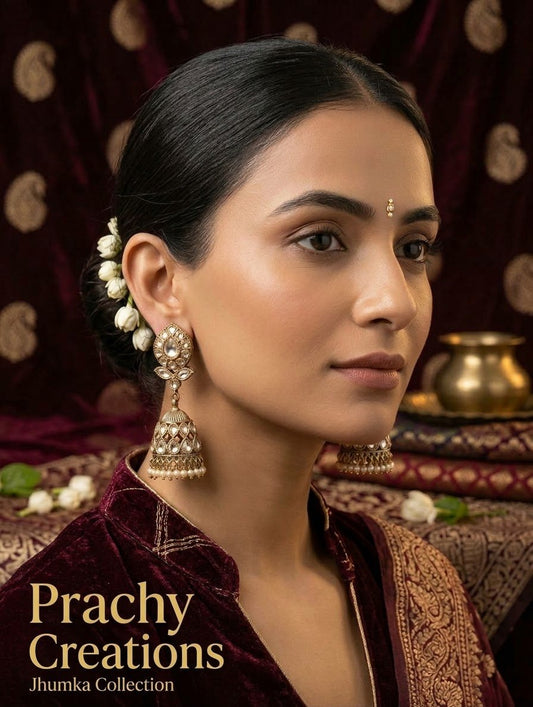 Gold - Royal Teardrop Kundan & Pearl Jhumka Earrings - 6JE06 10Pp26 - Prachy Creations