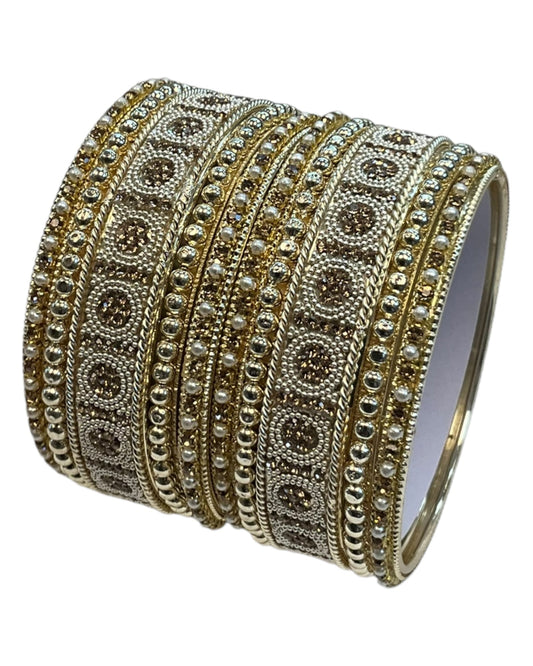 Gold Stone and Pearl - Antique Gold Finish Bangles Set (Set of 10) - UK stock - SM, M, L, XL JAN2648 08T25 - Prachy Creations
