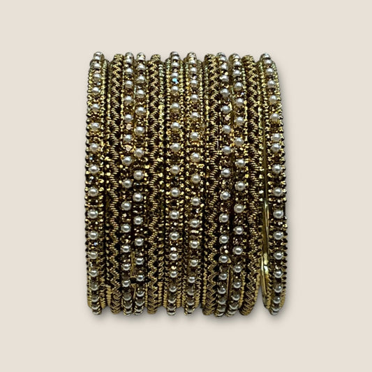Gold Stone and Pearl - Antique Gold Finish Bangles Set (Set of 6) - UK stock - SM, M, L, XL JAN1853 09Vp25 - Prachy Creations