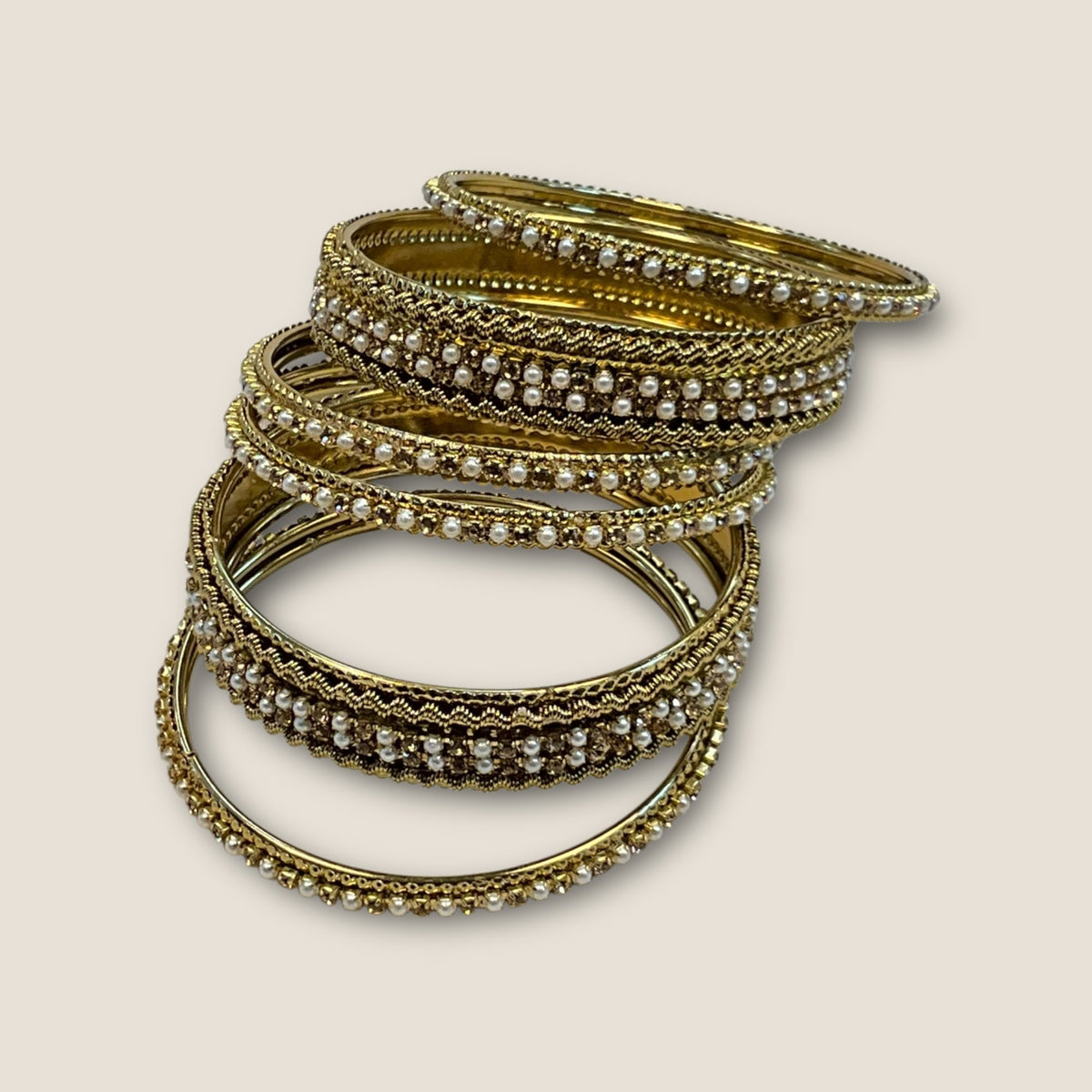 Gold Stone and Pearl - Antique Gold Finish Bangles Set (Set of 6) - UK stock - SM, M, L, XL JAN1853 09Vp25 - Prachy Creations