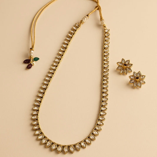 Gold Stone - Small Size Antique Gold Finish Long Necklace Set with Earrings - AE2509 C 0525 - Prachy Creations