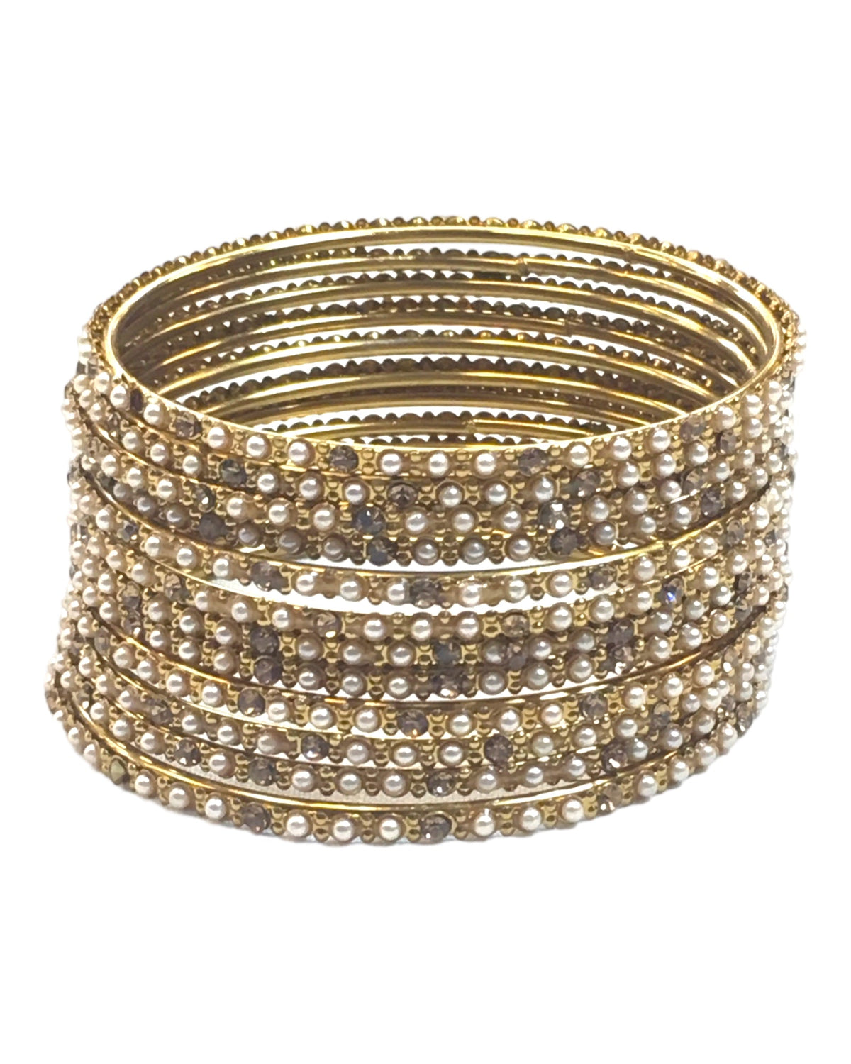 Gold Stones - Set of 12 Stone / Pearl Bangles - Antique Gold Finish (Pair) - JAN739 Vp 0923 - Prachy Creations