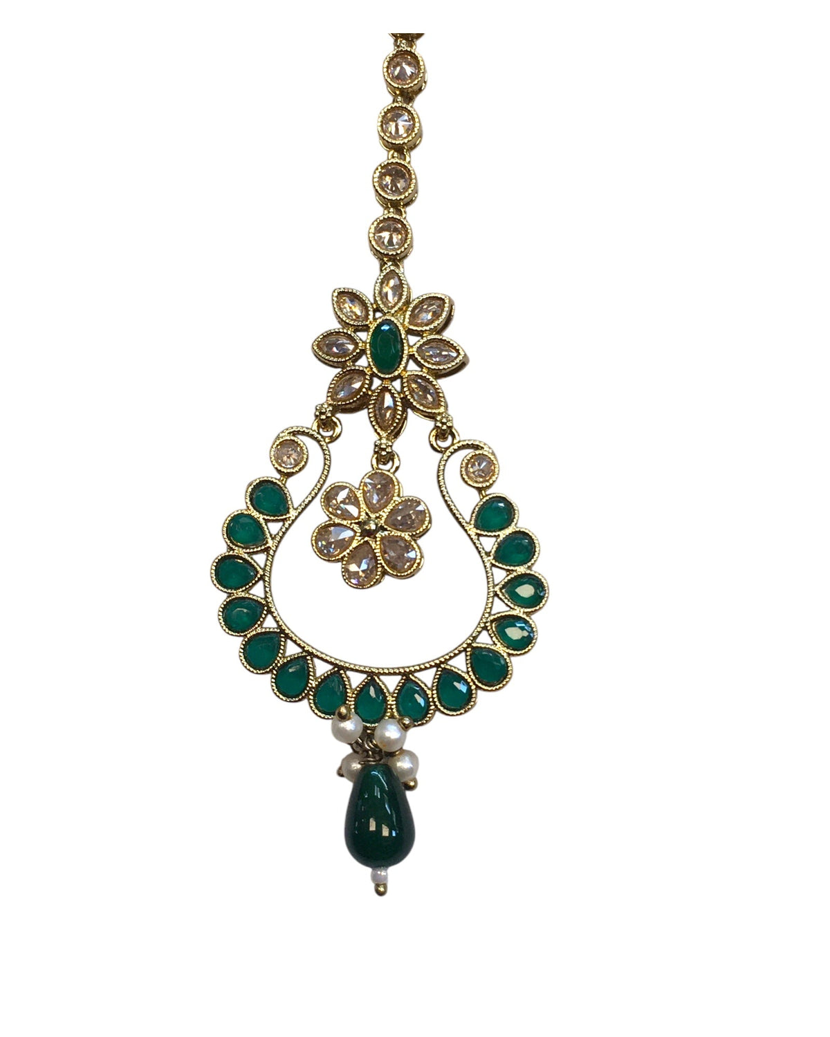 Green - Antique Gold Finish Large Size Tika Head Piece - Indian Ladies Fashion Jewellery - AE2440 11T24 - Prachy Creations