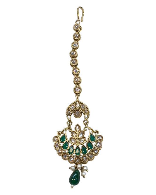 Green - Antique Gold Finish Medium Size Tika Head Piece - Indian Ladies Fashion Jewellery - AE2429 11T24 - Prachy Creations