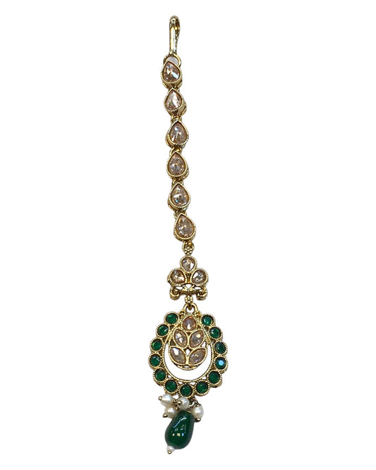 Green - Antique Gold Finish Medium Size Tika Head Piece - Indian Ladies Fashion Jewellery - AE2435 11Vp24 - Prachy Creations