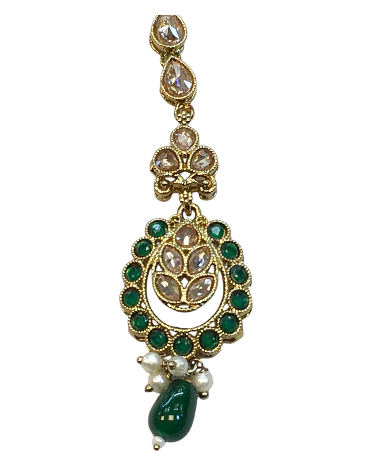 Green - Antique Gold Finish Medium Size Tika Head Piece - Indian Ladies Fashion Jewellery - AE2435 11Vp24 - Prachy Creations