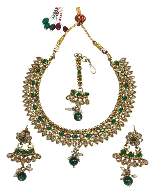 Green - Antique Gold Finish Necklace & Earrings Set - Bollywood - Weddings - HR1015 11C24 - Prachy Creations