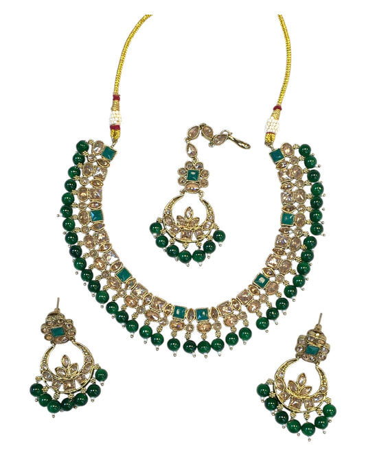 Green - Antique Gold Finish Necklace & Earrings Set - Bollywood - Weddings - KAJ1039 11KK24 - Prachy Creations