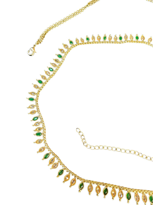 Green - Antique Gold Finish Saree Belt, Waist / Belly Chain - Fancy Dress , Bollywood - 15BL415 07A26 - Prachy Creations