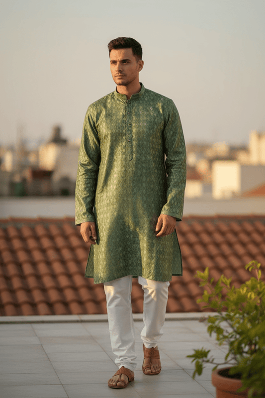 Green - Banarasi Handloom Brocade Mens Indian Kurta set with Trousers - UK Stock - Weddings / Walimas , Sangeet, Diwali, Eid, Mehndi / Henna - VEE2450 VR - Prachy Creations