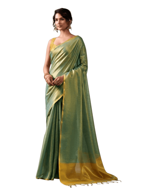 Green - Classic Plain Cotton Silky Fancy Saree with Blouse Piece - UK Stock - 2/3 days Delivery 12KV25 RP510 - Prachy Creations