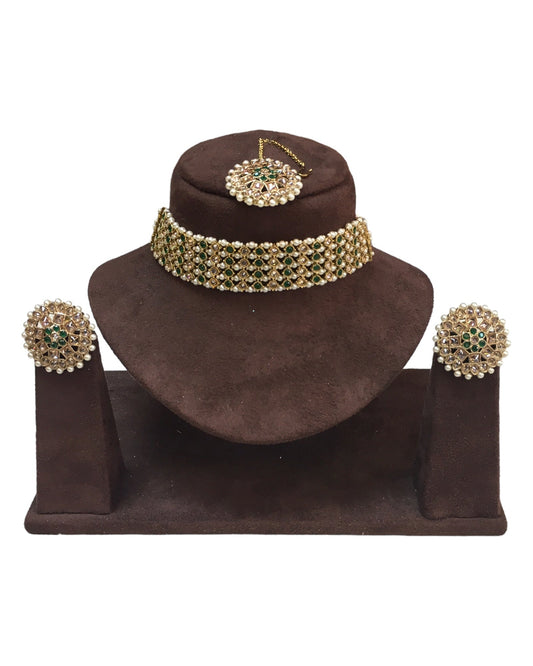 Green - Large - Antique Gold Finish Necklace Set with Earrings - AE2401 H 0724 - Prachy Creations