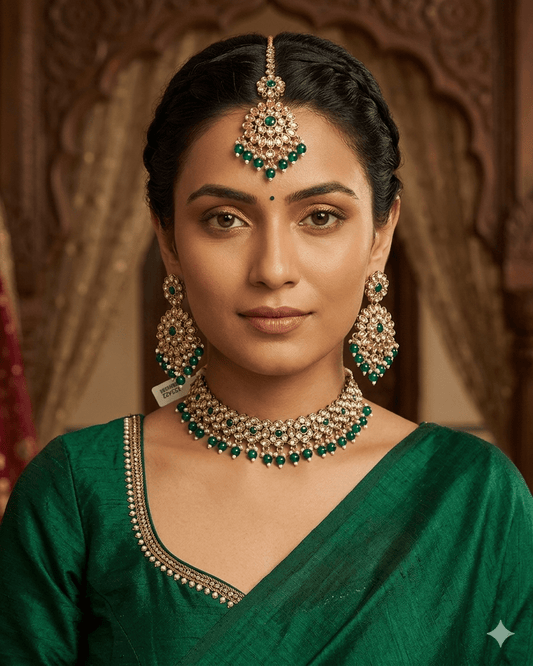 Green - Large Size Antique Gold Finish Necklace Set with Earrings & Head Piece - JIG111 04Cp26 - Prachy Creations