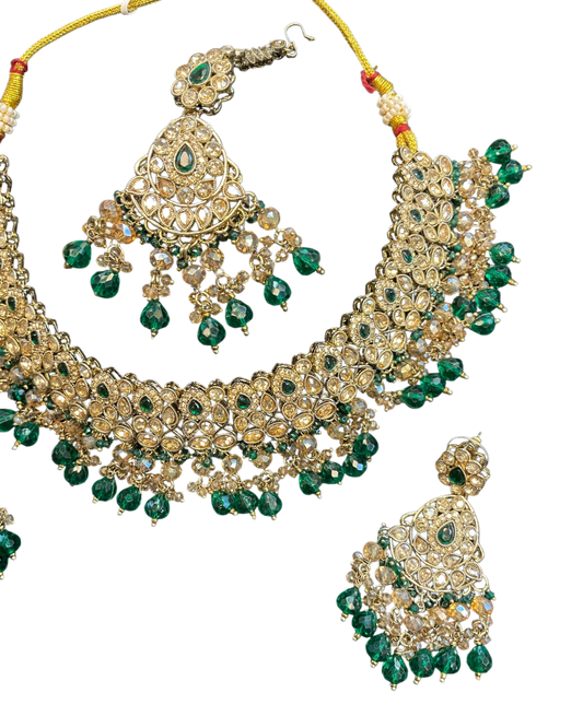 Green - Large Size Antique Gold Finish Necklace Set with Earrings & Head Piece - JIG82 04KV26 - Prachy Creations