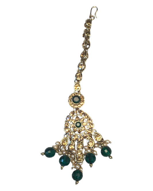 Green - Large Size Antique Gold Finish Necklace Set with Earrings - JIG49 11H24 - Prachy Creations