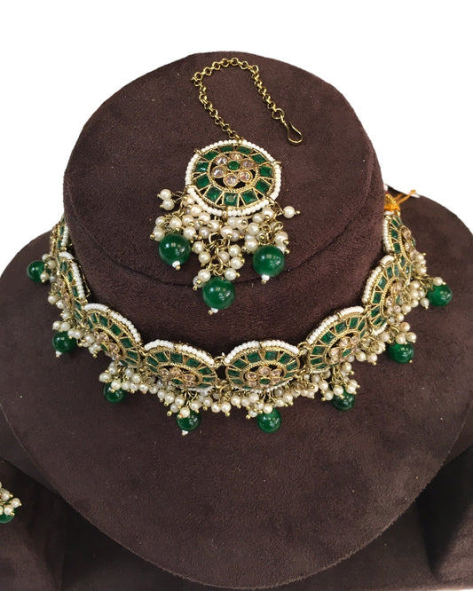 Green - Large Size Antique Gold Finish Necklace Set with Earrings - RAK05 VY 0424 - Prachy Creations