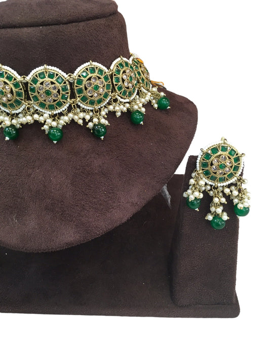 Green - Large Size Antique Gold Finish Necklace Set with Earrings - RAK05 VY 0424 - Prachy Creations
