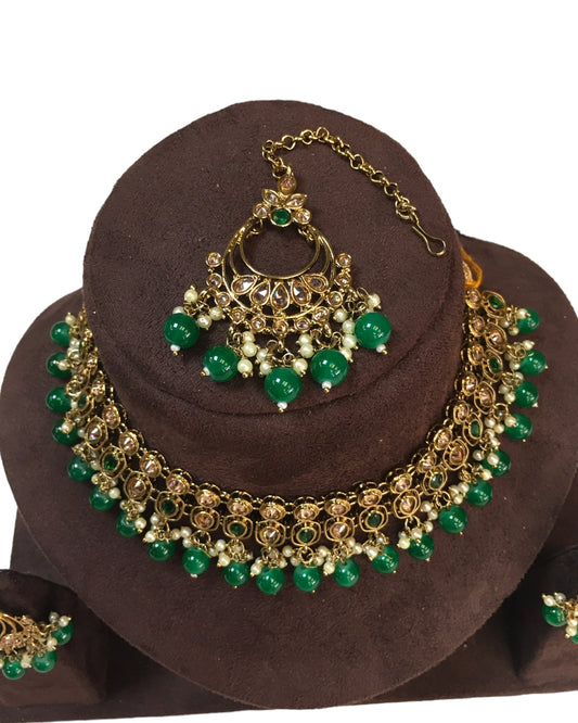 Green - Large Size Antique Gold Finish Necklace Set with Earrings - VJY403 C 0424 - Prachy Creations