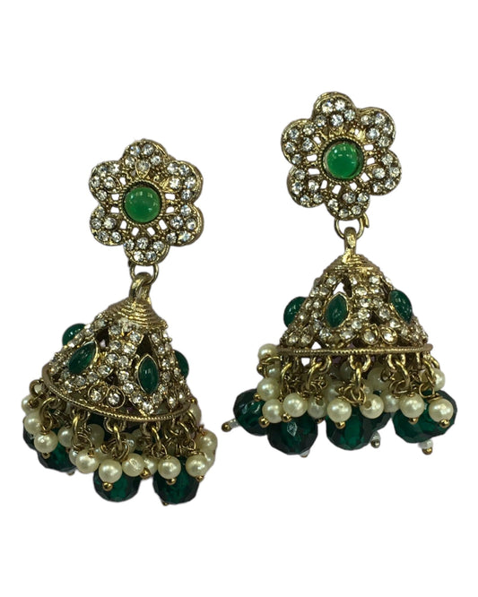 Green - Medium - Antique Finish Traditional Zhumki Earrings - Bollywood - Weddings - CH535 V 0724 - Prachy Creations