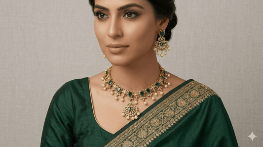 Green - Medium - Antique Gold Finish Necklace Set with Earrings & - AE2523 08KY25 - Prachy Creations
